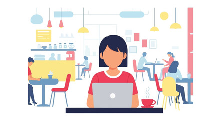 Woman working on laptop in a busy cafe, perfect for blog posts about remote work or co-working spaces.