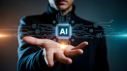 Modern technology concept with glowing AI interface in outstretched hand, demonstrating innovation and advanced digital transformation solutions