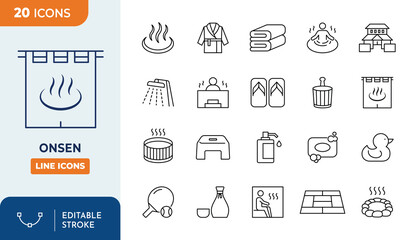 Onsen line editable icon set. Japanese bath culture icons. Editable stroke. Vector illustration