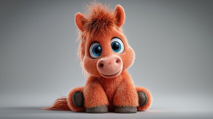 Cute cartoon red fire horse with big blue eyes - Symbol of 2026. Blurred background. Soft, warm tones.