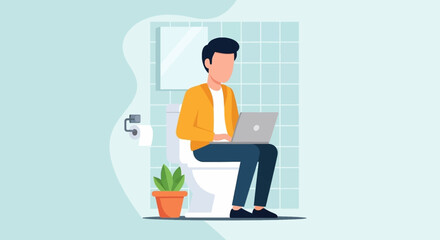 Illustration of a man working on his laptop while sitting on the toilet, perfect for articles on work-life balance or remote work.