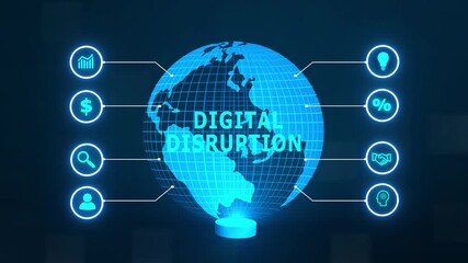 Digital disruption transformation innovation ,new business concept ,tee icon attached around the map features the concept of network and technology confirmed. the map is rotating ,specify all icons,