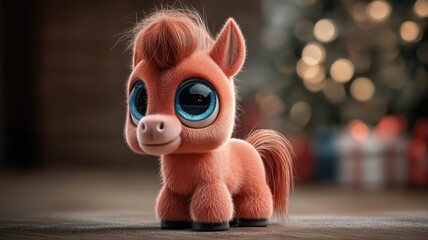 Cute cartoon red fire horse with big blue eyes - Symbol of 2026. Blurred background. Soft, warm tones.