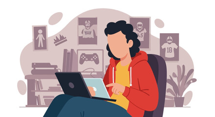 Person using laptop at home, illustration perfect for blog posts about gaming, technology, or lifestyle.