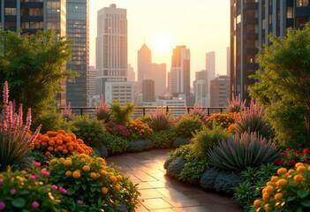Fototapeta premium vibrant green rooftop gardens urban skyline tranquil escape lush flora cityscape elevated view natural oasis, nature, elevation, botanical, wilderness