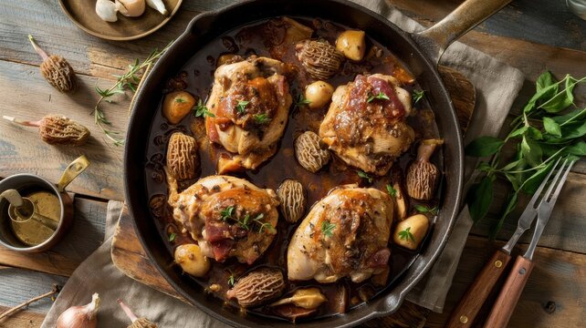 Chicken with morels coq au vin style in cast iron skillet with rich burgundy sauce, tender thighs, pearl onions and fresh herbs
