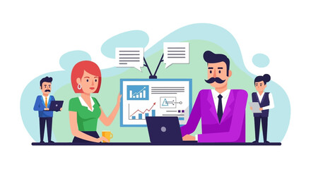 Business team presenting data and collaborating on project. Ideal for website landing page or corporate brochure.