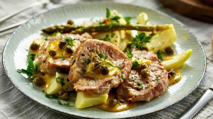Pan seared veal escalopes with lemon caper sauce and fresh herbs on elegant glass plate with potato garnish