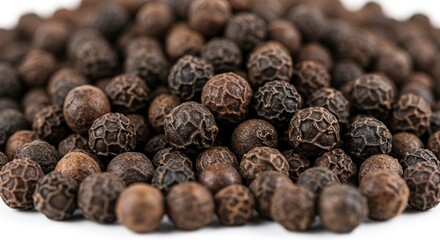 Closeup of dried wrinkled black peppercorns piled together showcasing their dark brown and textured surfaces