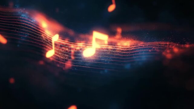 Glowing orange music notes float above dark background with vibrant glowing musical staff lines and dynamic glowing orange note symbols dark