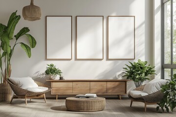 Naklejka premium Modern interior of a living room with a sofa, wooden coffee tables, against a blue wall, creating a stylish and relaxed atmosphere, Generative AI