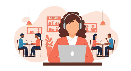 Woman working on laptop in cafe, perfect for blog posts about remote work or coworking spaces.