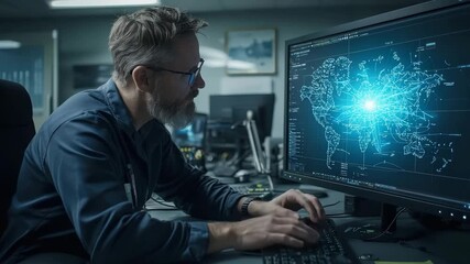 Man working on computer with digital world map and data visualization on screen in dark office focused on technology and global data analysis - Powered by Adobe