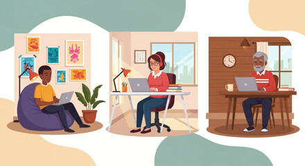 Diverse group of people working remotely from home using laptops, perfect for illustrating work from home concepts.