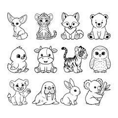 Cute Baby Animals Line Art, Cartoon Animal Coloring Page, Black and White Baby Zoo Animal Clipart, Kawaii Animal Outline Illustration