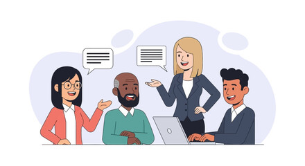 Diverse business team brainstorming ideas around a laptop. Perfect for websites, presentations, and marketing materials.