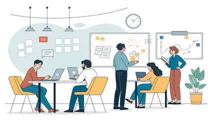 Teamwork in a modern office, perfect for illustrating collaboration and project management for business websites or brochures.