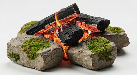 Obraz premium Embers glow amid stacked logs and mossy stones on a plain surface