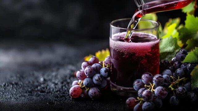 Red grape juice pouring into glass surrounded by fresh ripe grape bunch and green leaf on dark surface vibrant refreshing drink natural fruit
