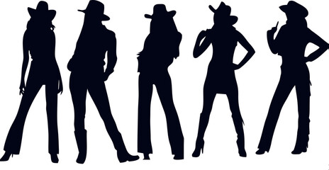 Western cowgirl silhouette set female cowboy vector icons in standing poses, perfect for rustic branding, posters, and apparel.

