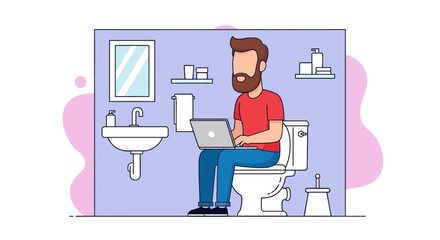 Man working on laptop while sitting on toilet - humorous illustration for blog, website or social media.