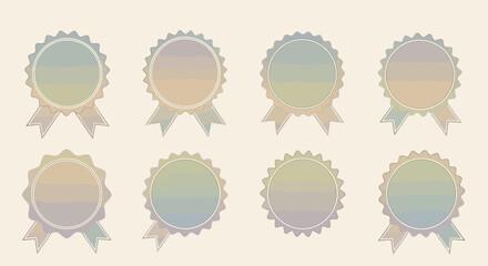 Collection of vintage pastel gradient award seals and rosettes with ribbons. Blank retro emblems for certification and quality.