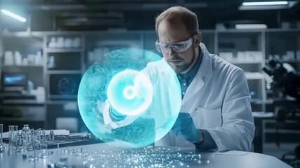 Scientist analyzing futuristic digital cell model in laboratory with holographic technology displaying molecular structure and data analysis - Powered by Adobe