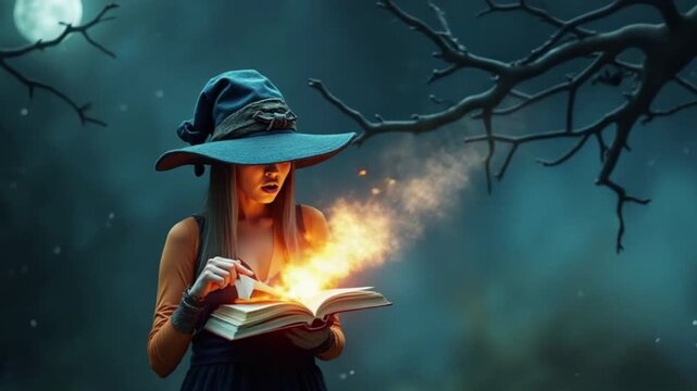 Halloween Witch girl with making witchcraft, magic in her hands, spells. Beautiful young woman in witches hat conjuring. Spooky dark magic forest background. Magician. Wide Halloween party art design