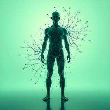 AI human's silhouette 
Digital generated image of abstract AI human's silhouette in embrion's pose surrounded by plexus data connections in front of pastel green background. Biotechnology
