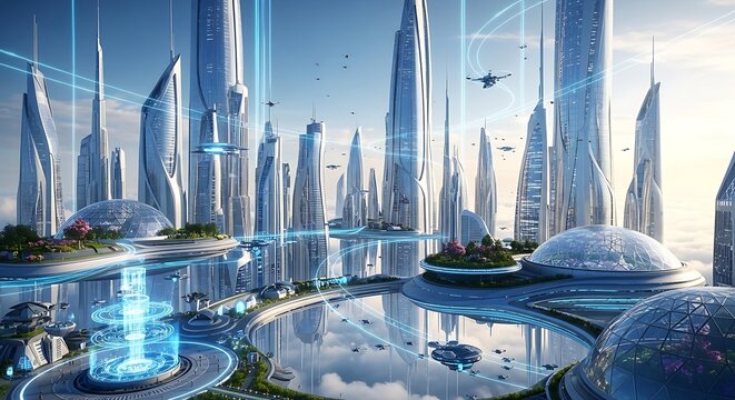 Futuristic city with floating islands and aerial vehicles.