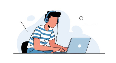 Young man working on laptop with headphones, perfect for website banners or blog posts about remote work.