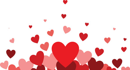 A cascade of red and pink hearts of various sizes floating upwards isolated on transparent background