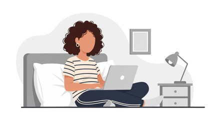 Woman working on laptop in bed, perfect for blog posts about remote work, work-life balance, or freelance lifestyle.