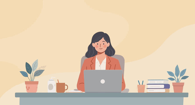 Smiling woman working on laptop at her desk, perfect for website banners or blog posts about remote work.