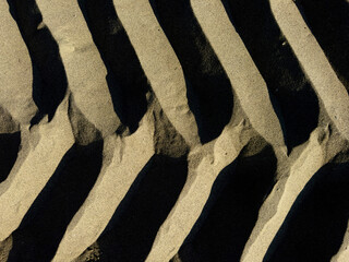 Close-up detail of a geometric pattern of tire tracks on sand