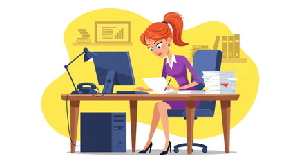 Busy businesswoman working at her desk, perfect for illustrating productivity, efficiency, or office life on a website or brochure.