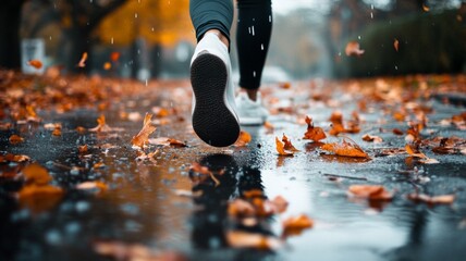 a person running in the rainy autumn weather