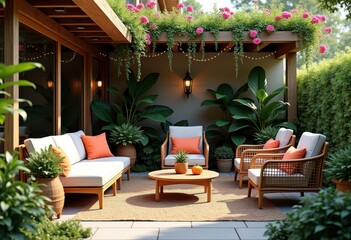 Fototapeta premium vibrant patio design lush greenery inviting outdoor space relaxing garden retreat furniture decor style, landscape, table, chairs, planter, flowers