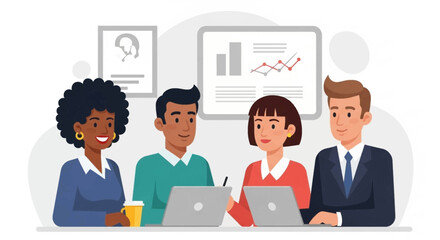 Diverse business team collaborating on laptops, perfect for website banners or presentations.