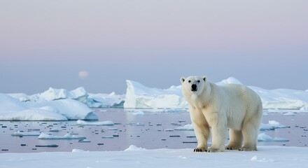 Naklejka premium Polar bear standing on ice floes in serene Arctic landscape 