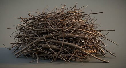 Pile of dry branches twigs stacked haphazardly on a gray surface