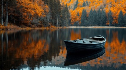 boat on the lake in the forest during autumn season