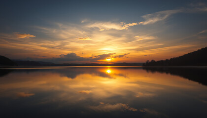 Fototapeta premium A vibrant golden sunset over a tranquil lake with clouds and hills reflected in the calm water.