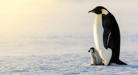 Adult emperor penguin standing beside its chick on snowy landscape  