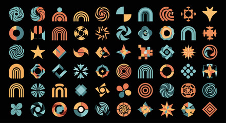 Modern abstract geometric shapes set. A collection of colorful vintage style icons and logo templates on a black background.