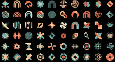 A large collection of abstract geometric shapes. Conceptual design elements with a retro aesthetic for modern branding.