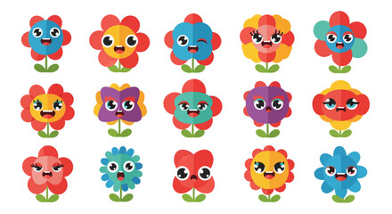 Naklejka premium A vibrant collection of cute cartoon flower characters with expressive faces. Set of colorful and funny floral emoticons for creative design.