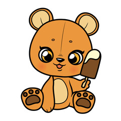 Fototapeta premium Cute cartoon baby bear with ice cream on a white background
