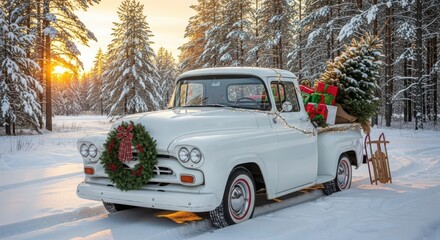 Vintage white truck with christmas tree and wreath in snowy forest