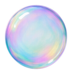 A large, iridescent soap bubble displaying vibrant pastel colors in a circular shape, showcasing light refraction and a smooth gradient effect on a white background.